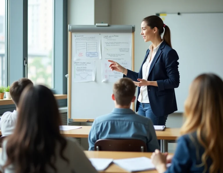 Professeure expérimentée animant une formation professionnelle pour adultes dans une salle de classe moderne