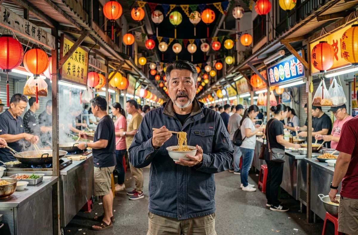 Globe-trotteur dégustant des nouilles dans un marché nocturne animé en Asie du Sud-Est