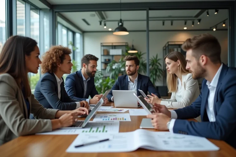 Groupe de jeunes professionnels en réunion dans un bureau lumineux