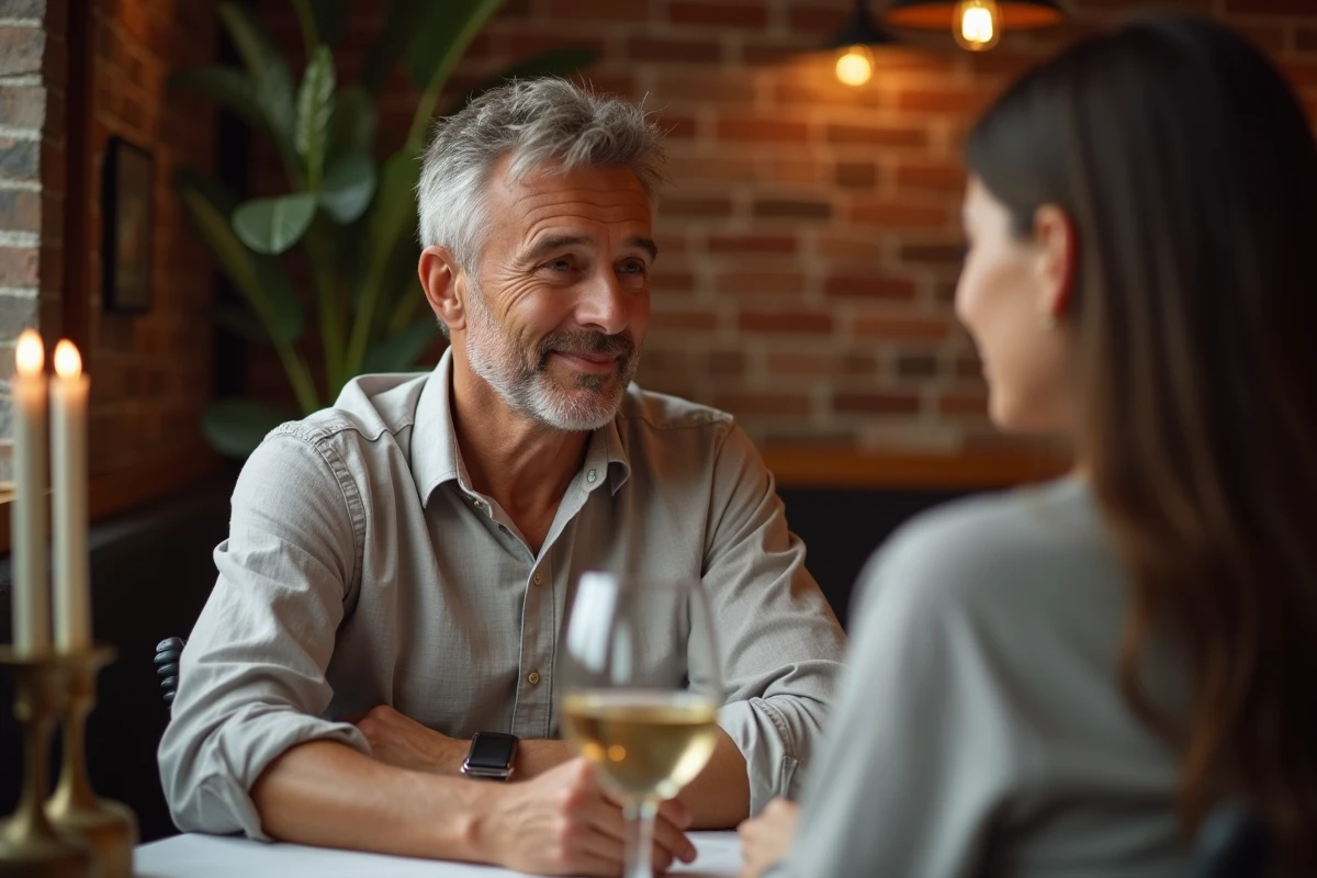 Homme de 50 ans en dîner romantique au restaurant, regard intense et posture engagée vers une femme