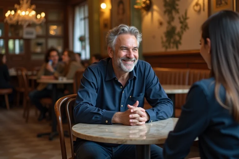 Homme de 50 ans souriant à une femme dans un café parisien, signe d'intérêt romantique