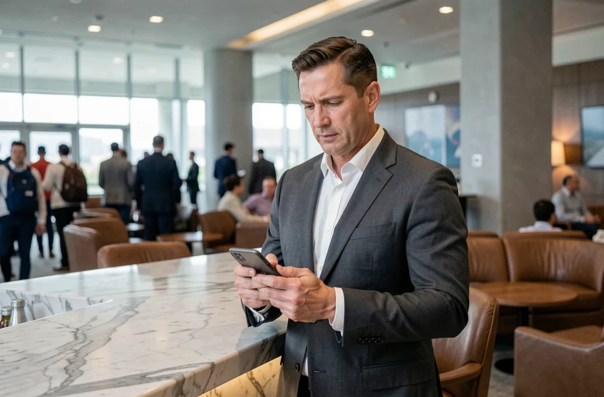 Homme d'affaires en costume charbon consultant son téléphone dans un salon d'affaires luxueux
