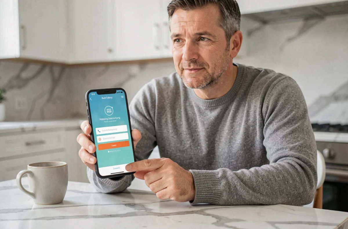 Homme consultant son application bancaire mobile pour gérer ses services financiers depuis chez lui