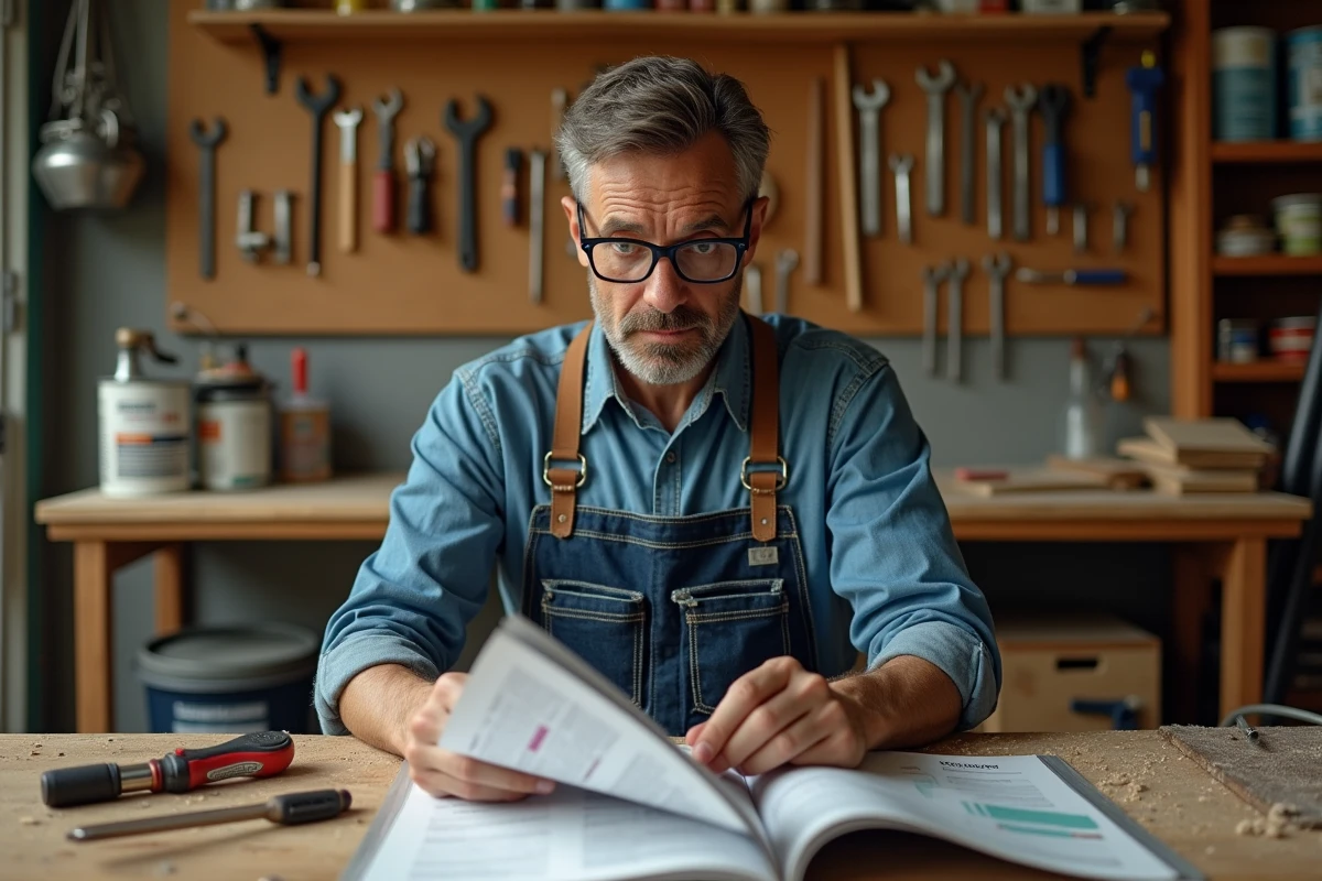 Homme bricoleur dans son atelier consultant un magazine de bricolage spécialisé avec outils et établi en arrière-plan