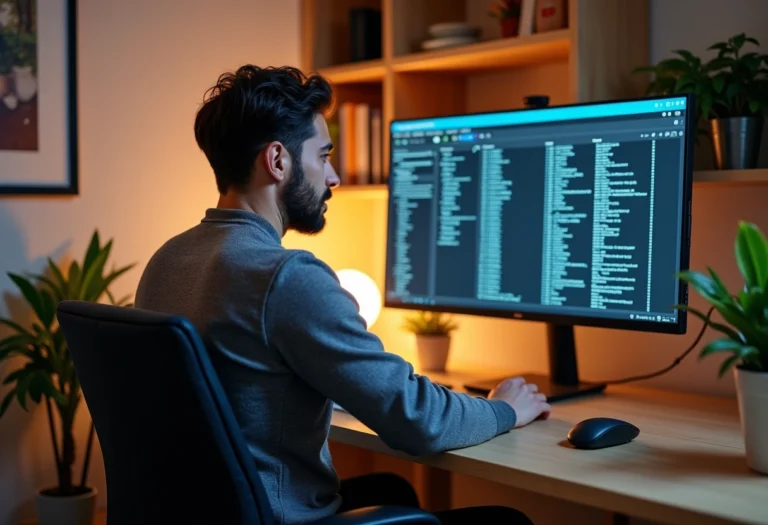 Homme en bureau moderne avec écran eMule en gros plan