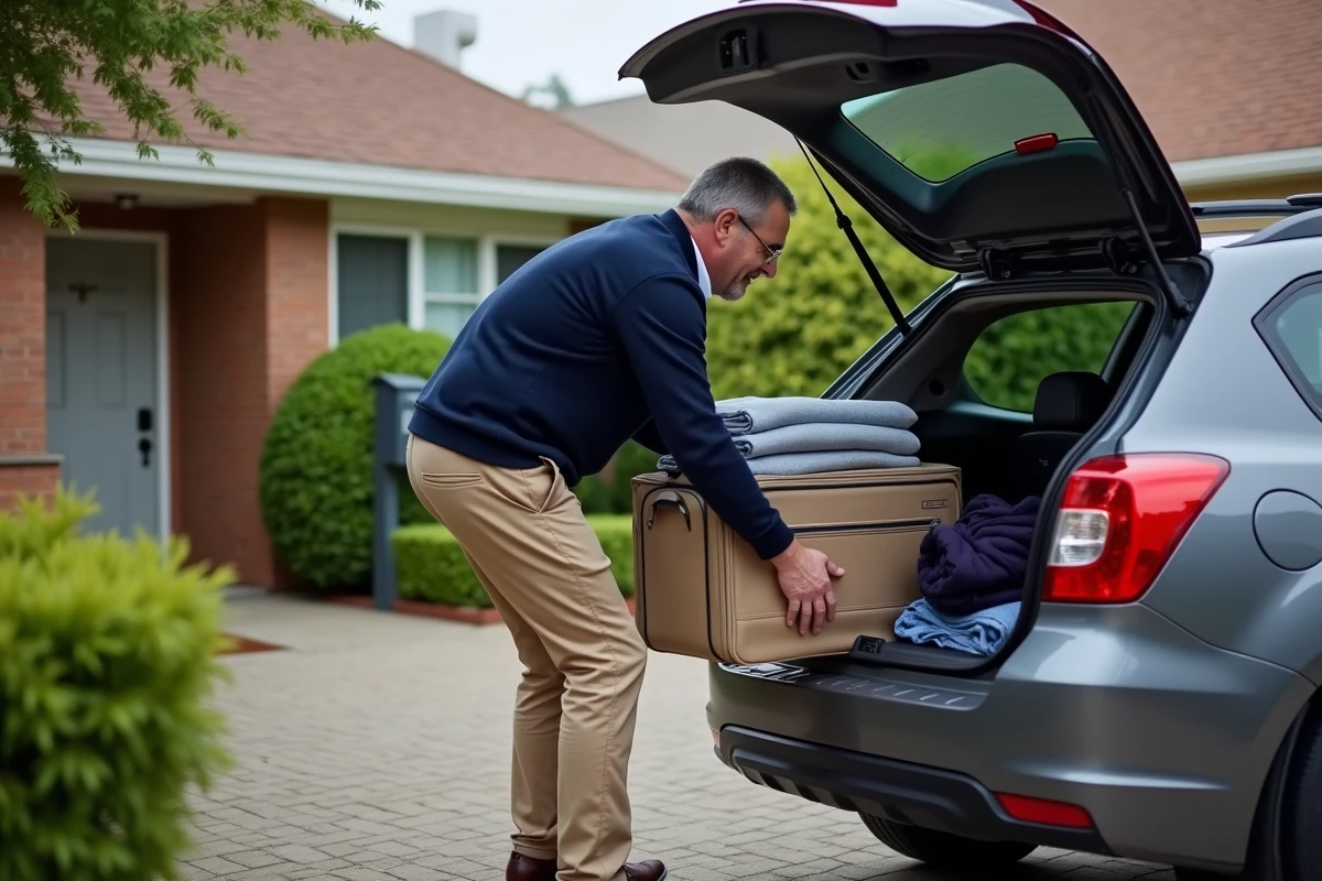 Homme chargeant une valise dans une voiture devant une maison