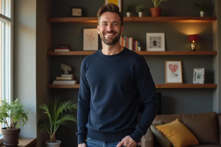 Homme français souriant dans un salon moderne et chaleureux