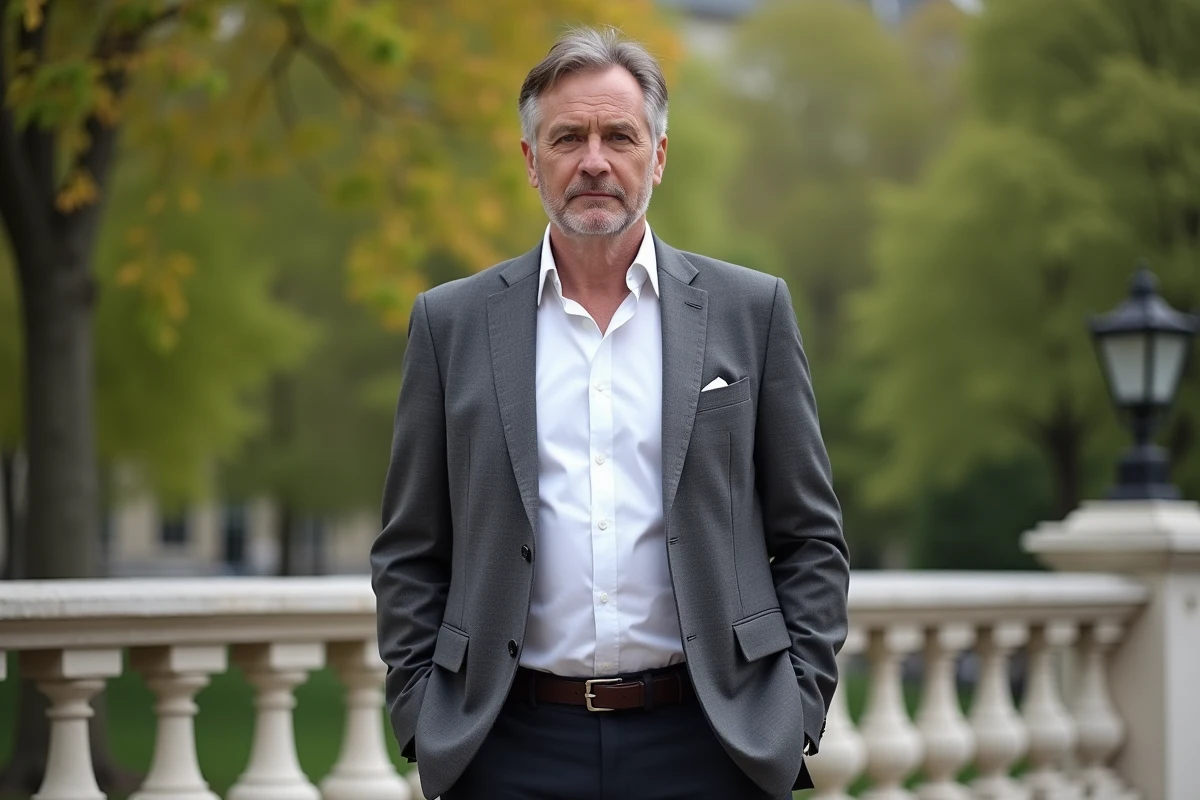 Homme français en extérieur dans un parc parisien élégant