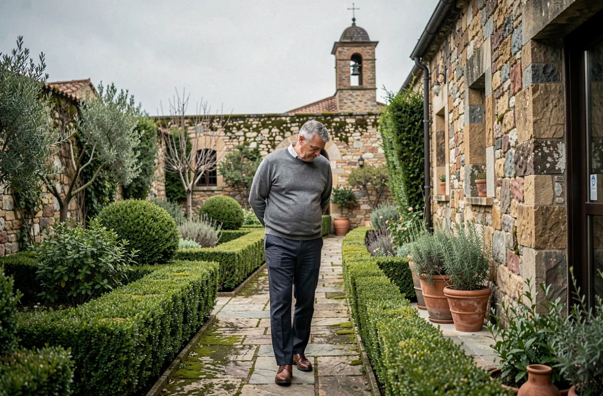 Homme marchant en silence dans le jardin d'un monastère, chemin en pierre entouré de haies taillées et de vieux murs de pierre, ambiance de retraite et de contemplation spirituelle