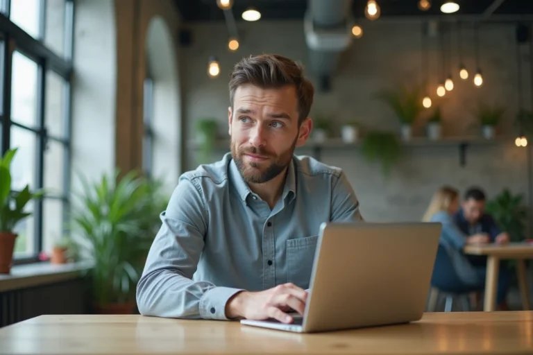Homme consultant des informations sur le nouveau nom de Dubraz en 2026 depuis un ordinateur portable dans un bureau moderne