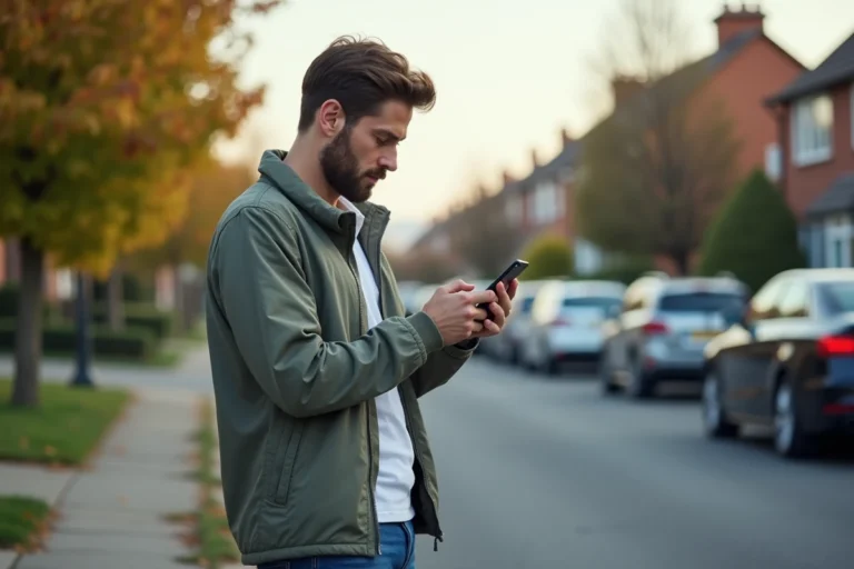 Homme en rue résidentielle utilisant son smartphone près d'une voiture