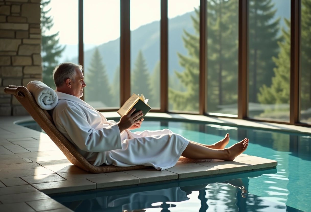 Homme détendu dans spa avec vue sur la forêt Jura