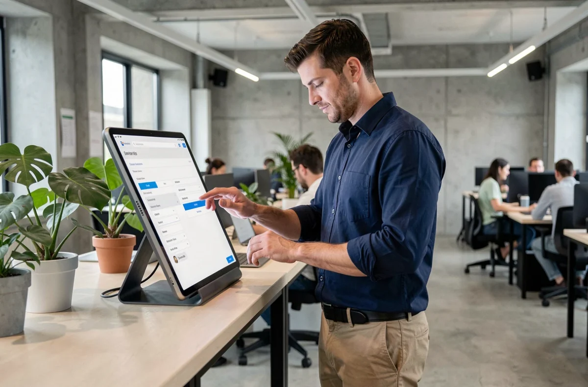 Homme consultant le plan du site Newsyoung sur une tablette dans un espace de coworking