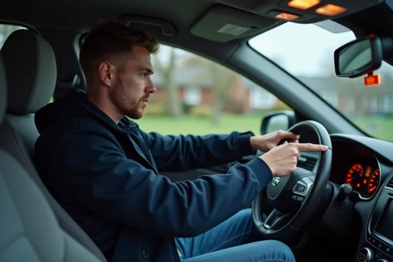 Jeune homme dans une voiture regardant le tableau de bord