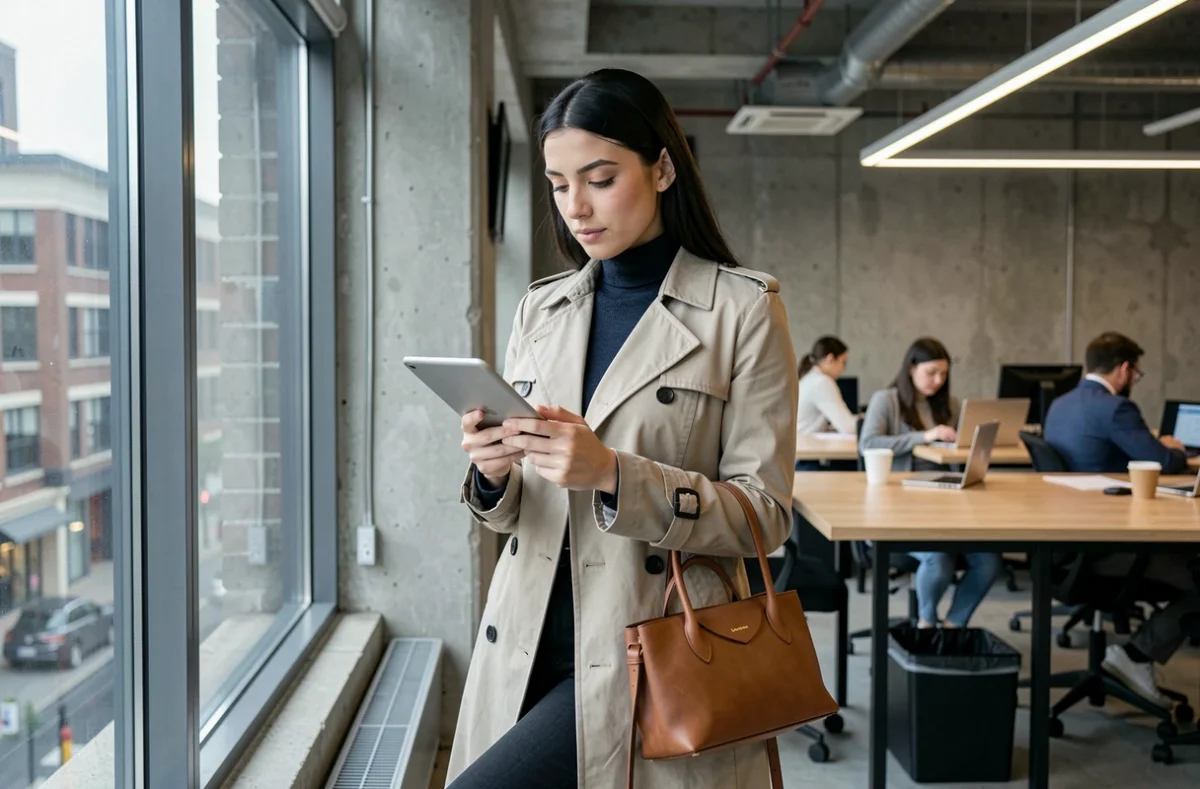 Jeune femme professionnelle gérant son compte Banque Chalus en ligne sur une tablette dans un espace de coworking