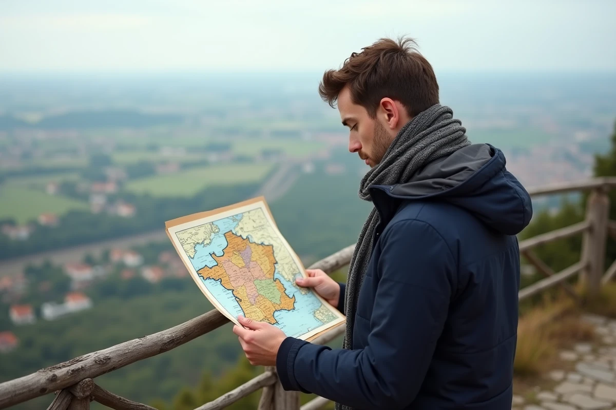 Jeune homme regarde une carte de France en plein air