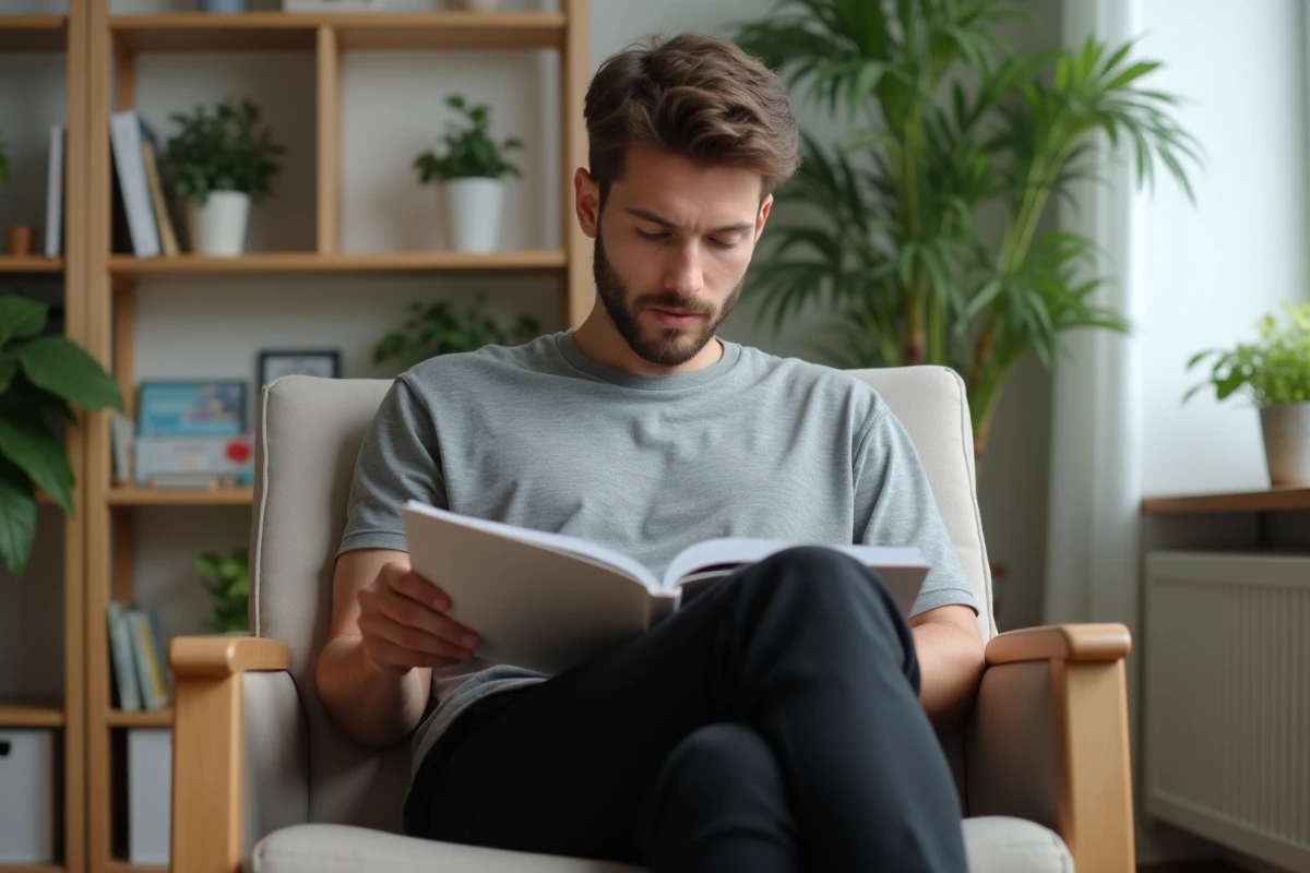 Jeune homme lisant dans un salon minimaliste
