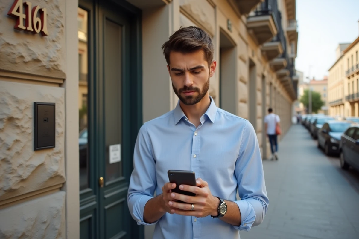Jeune homme regardant une annonce immobilière sur son smartphone devant un immeuble