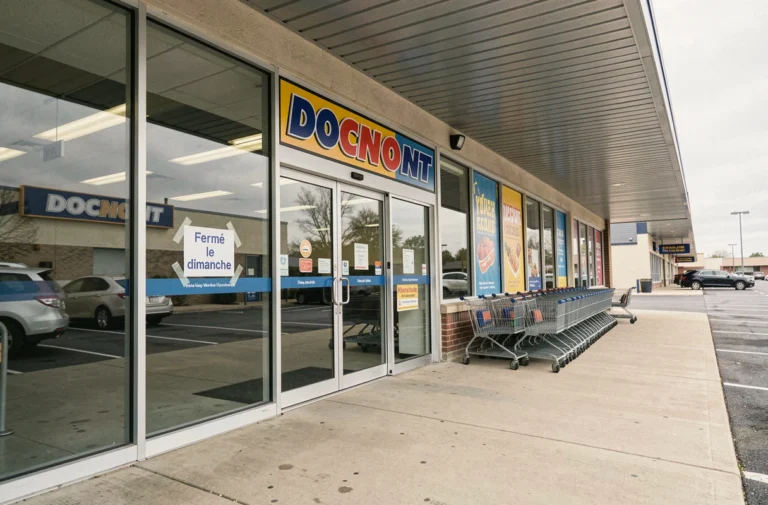 Entrée d'un magasin Gifi fermée le dimanche avec grille de sécurité et panneau de fermeture sur la porte vitrée