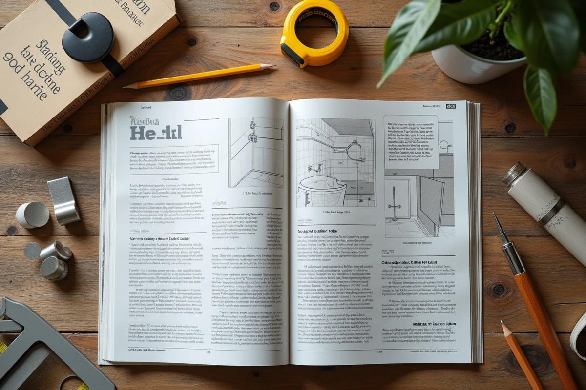Vue en plongée d'un magazine de bricolage ouvert sur une table avec outils de carrelage et mesures manuscrites autour