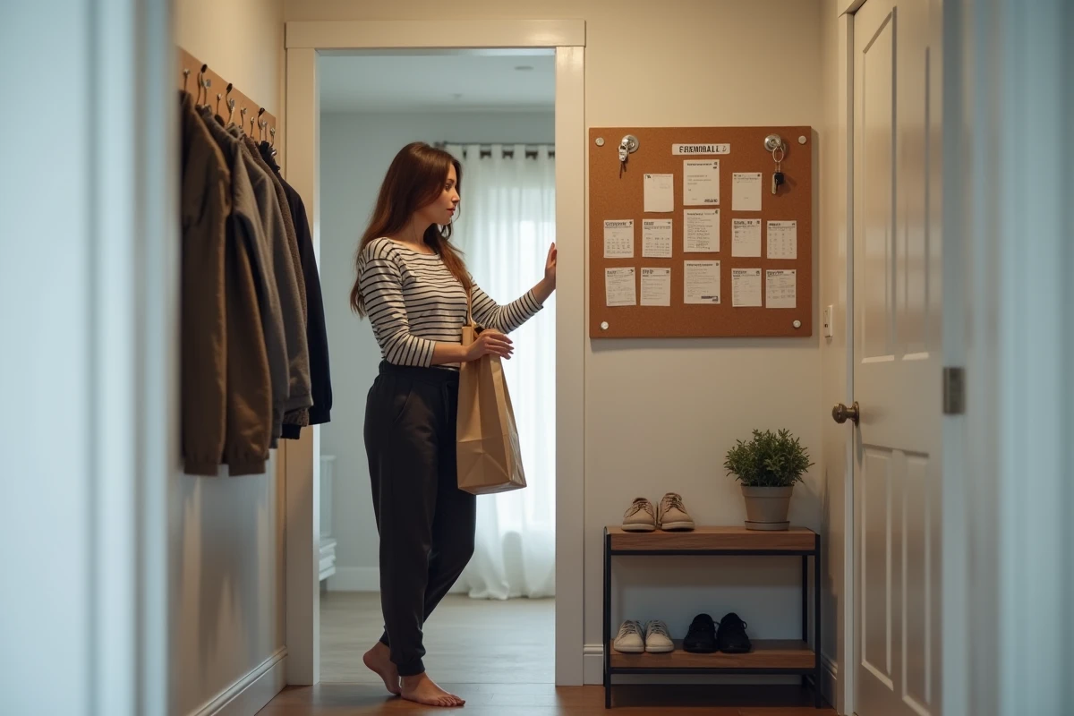 Maman organisée dans l'entrée de sa maison avec un planning familial affiché au mur