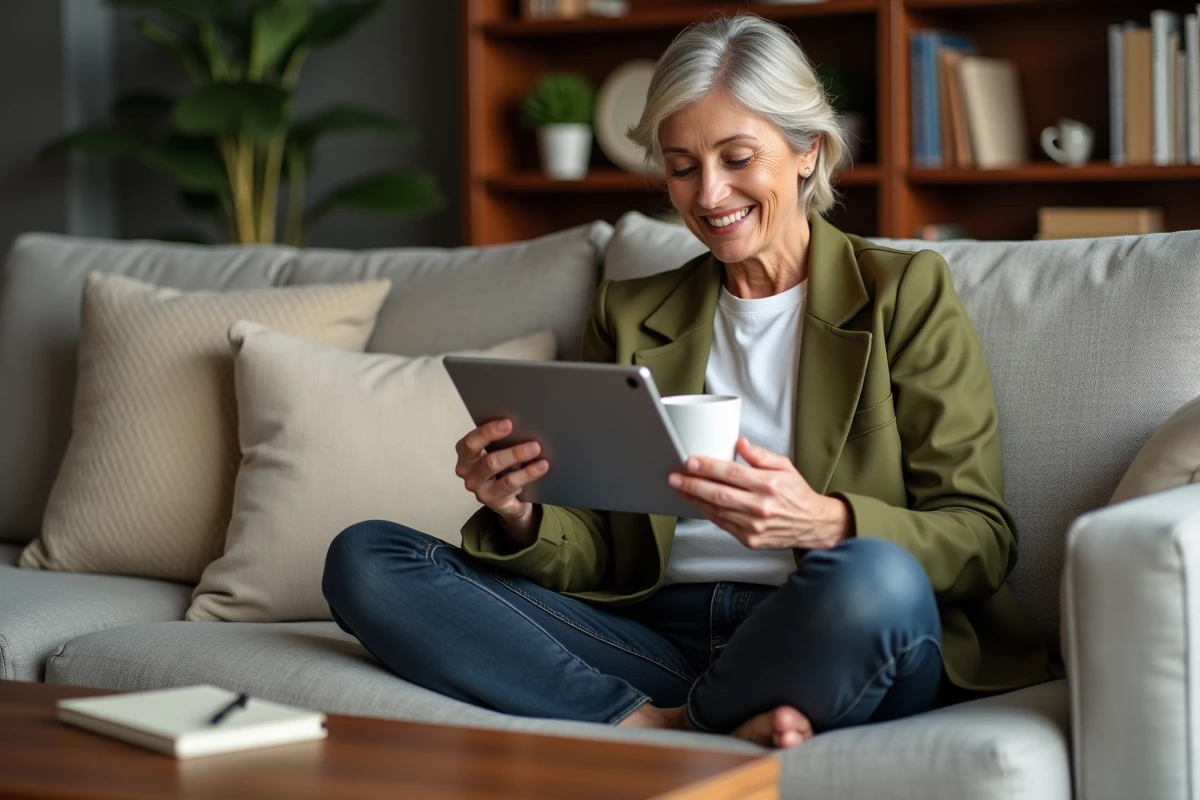 Maman utilisant une tablette numérique pour s'organiser depuis son salon confortable