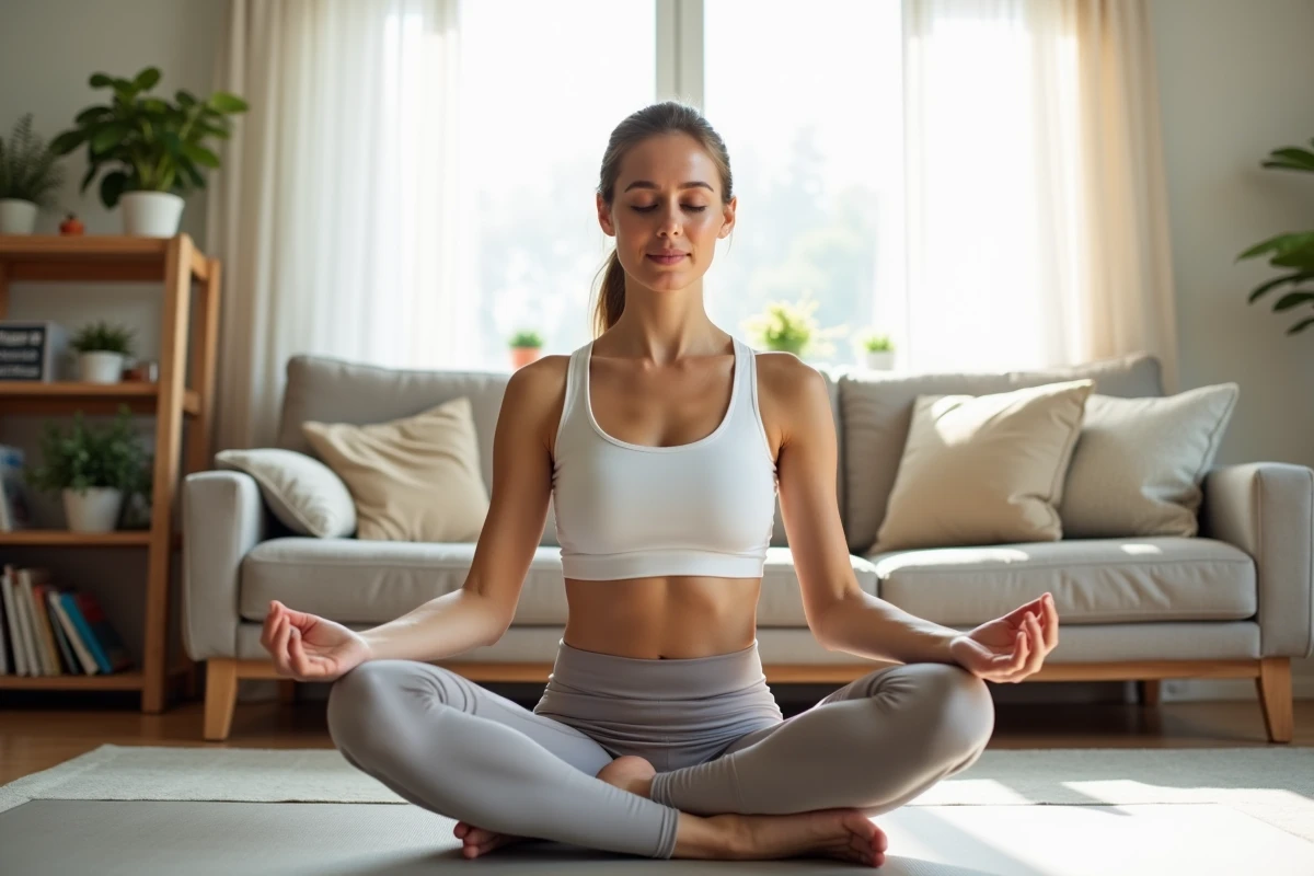 Femme assise en tailleur sur un tapis de yoga pratiquant un massage abdominal doux à la maison pour favoriser le drainage lymphatique naturel