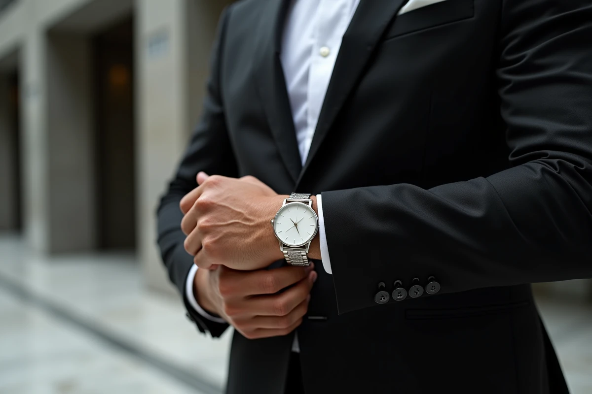 Homme en costume noir élégant portant une montre argentée à cadran blanc, portrait éditorial raffiné