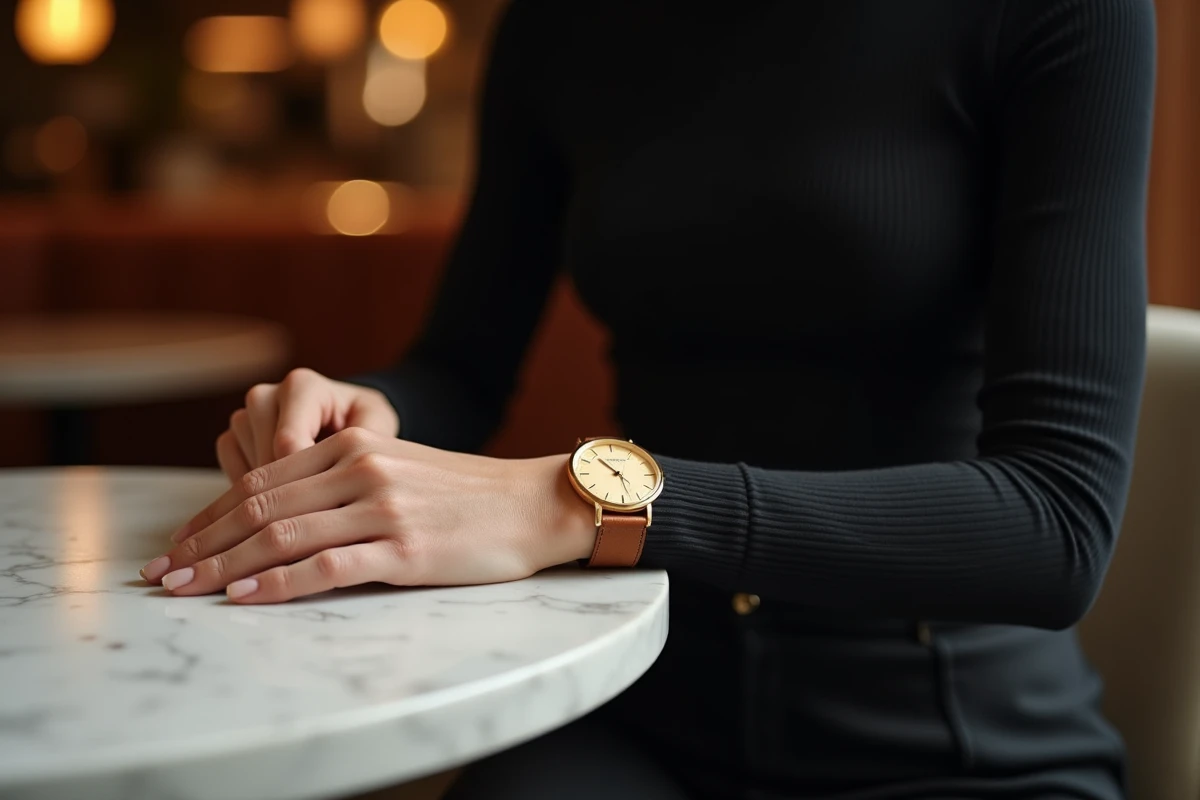 Femme en noir portant une montre dorée avec bracelet en cuir, assise dans un café parisien élégant