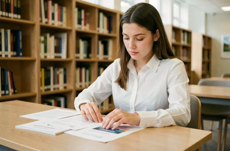 Jeune femme arrangeant une page de garde de rapport de stage sur un bureau en bibliothèque universitaire