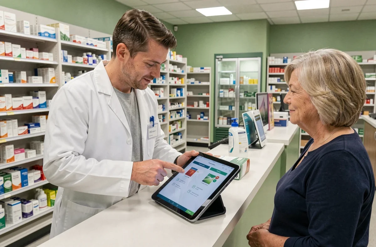 Farmacêutico explicando a uma cliente a transição de nome de um medicamento com a ajuda de um tablet no balcão