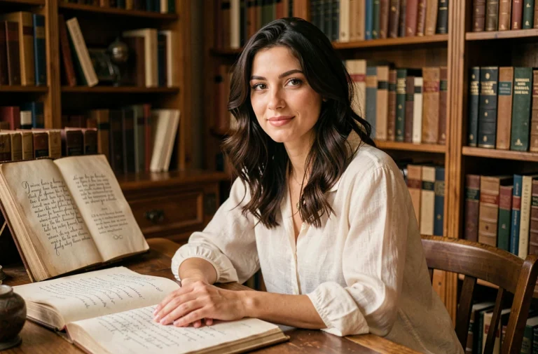 Jeune femme aux cheveux ondulés sombres assise à un bureau en bois vintage entouré de livres anciens et de calligraphies élégantes, illustrant l'histoire du prénom Alicia