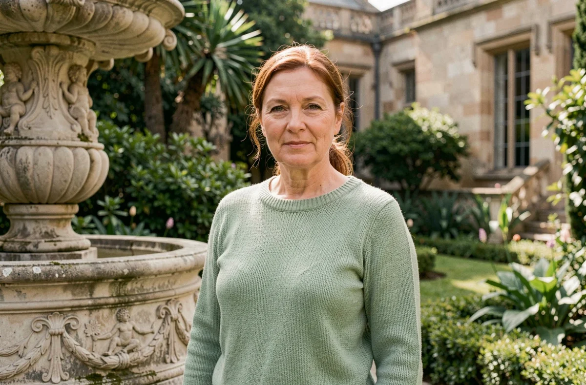Femme aux cheveux auburn dans un jardin botanique historique près d'une fontaine en pierre gravée, évoquant les origines européennes et l'élégance intemporelle du prénom Alicia