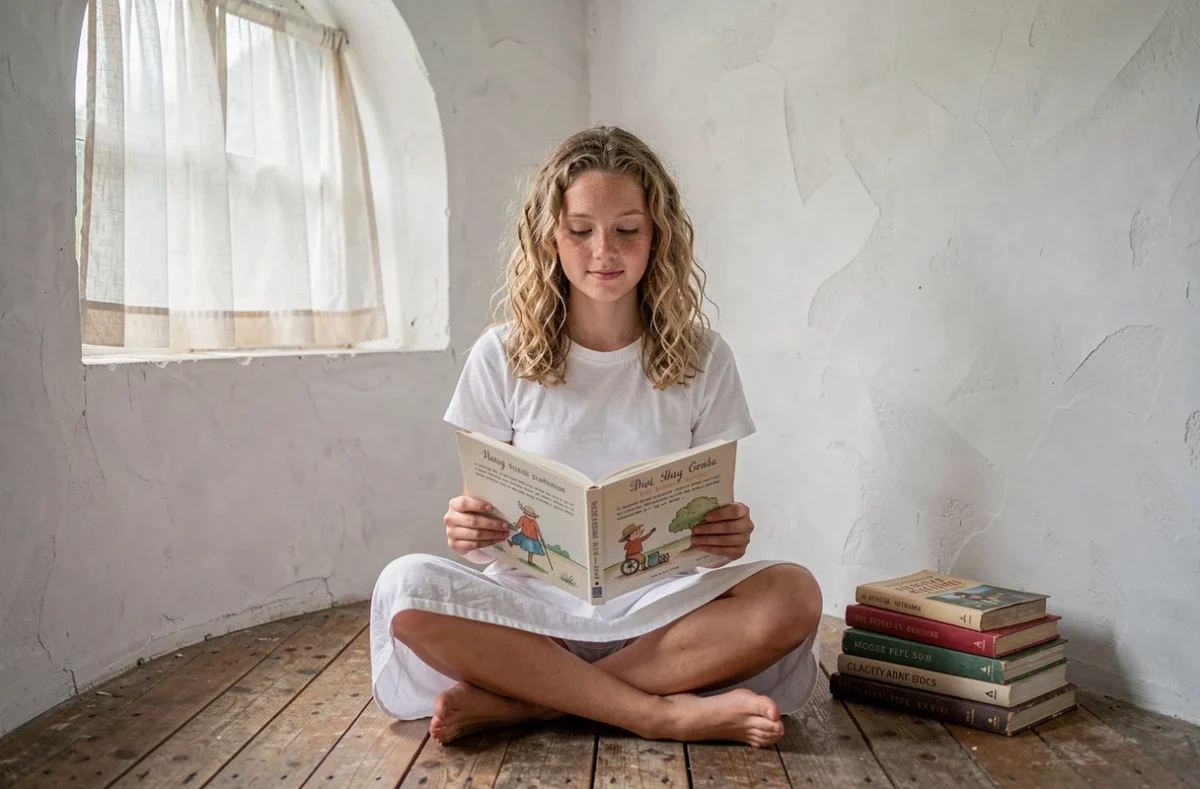 Adolescente aux cheveux bouclés blonds lisant un livre illustré dans un coin lecture intime avec murs blanchis et fenêtre en arche, symbolisant la douceur et l'intemporalité du prénom Alicia