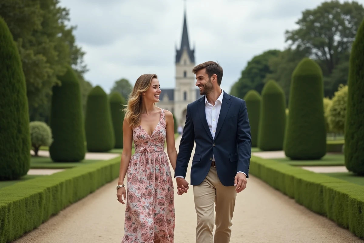 Couple se promenant main dans la main dans les Jardins de l'Archevêché avec la cathédrale de Bourges en arrière-plan