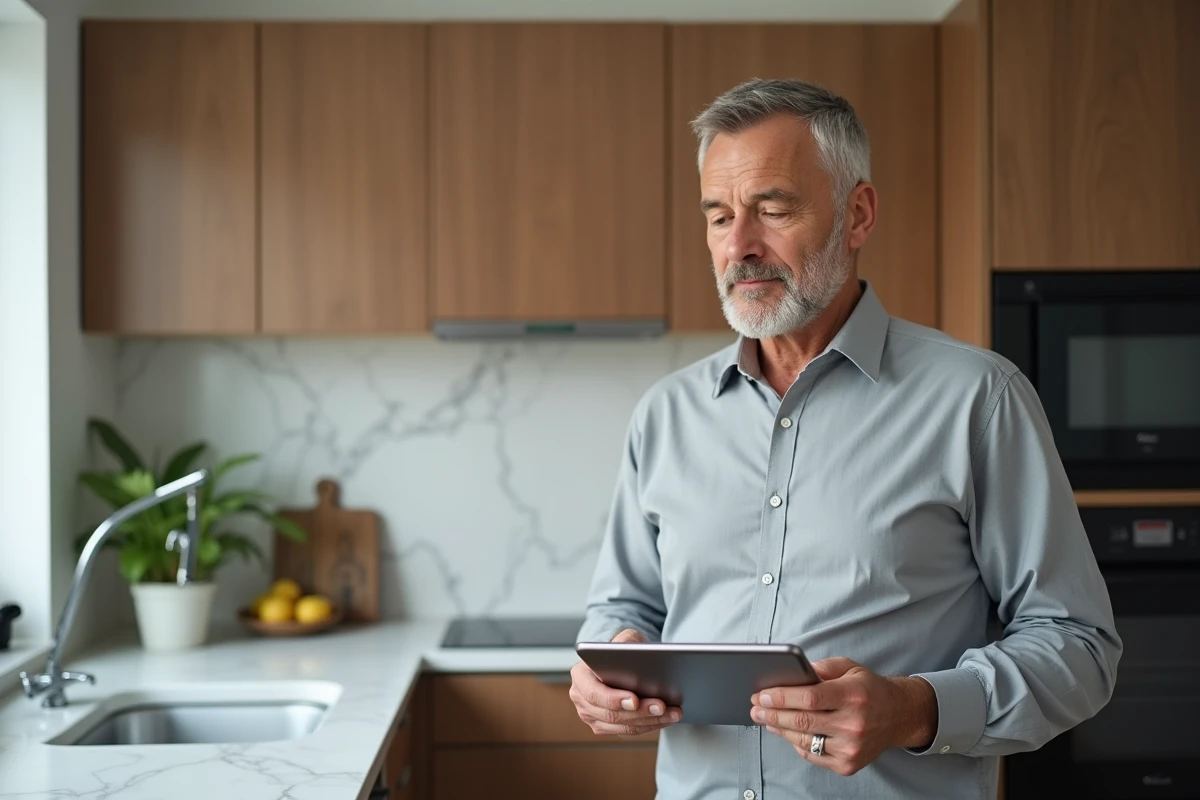 Propriétaire accédant à son espace de gestion immobilière depuis une tablette dans un appartement moderne