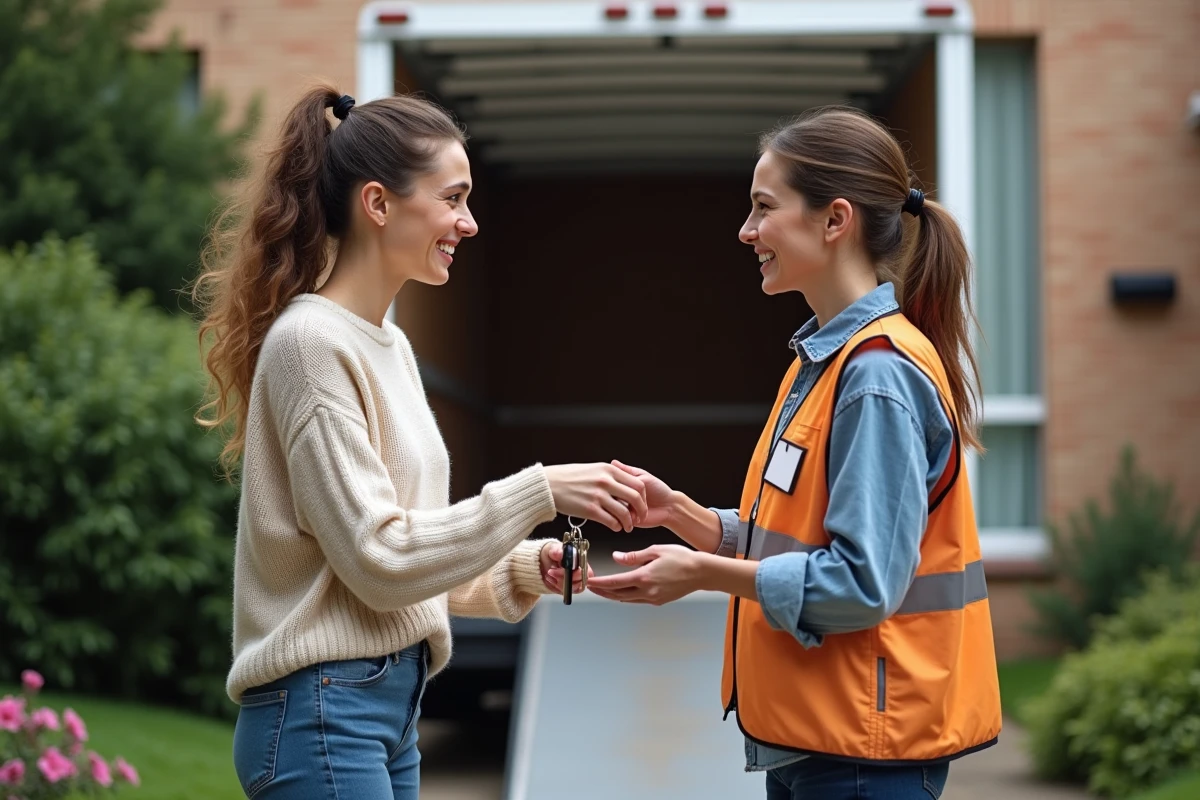 Femme souriante remettant des clés à une déménageuse devant un immeuble résidentiel