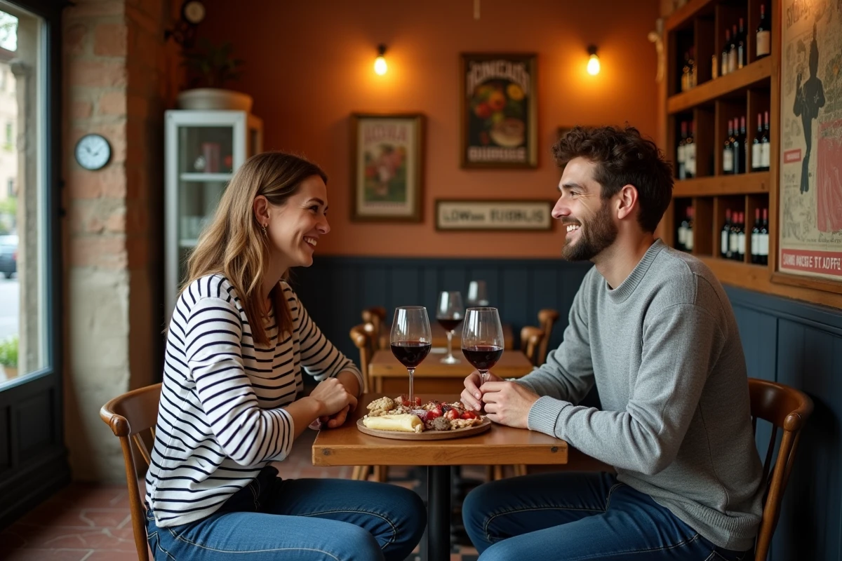 Deux personnes en train de partager un verre de vin et une conversation animée dans un café bistrot typique de Bourges
