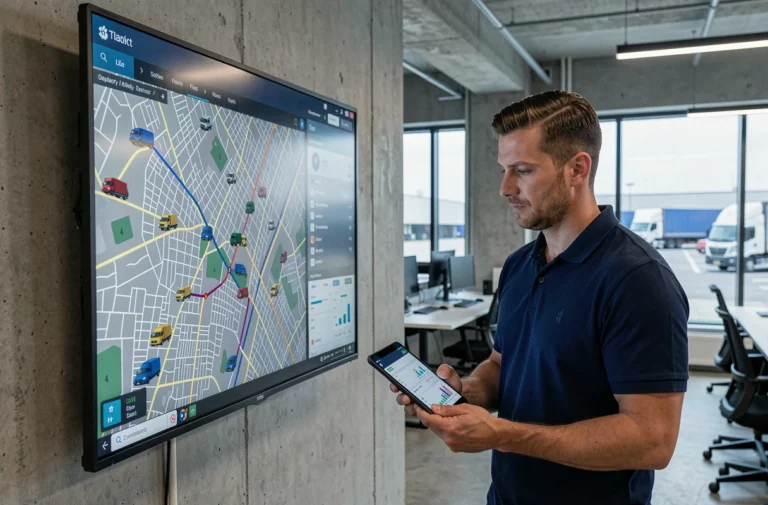 Responsable de flotte analysant une carte GPS en temps réel sur un grand écran dans une salle de contrôle logistique moderne