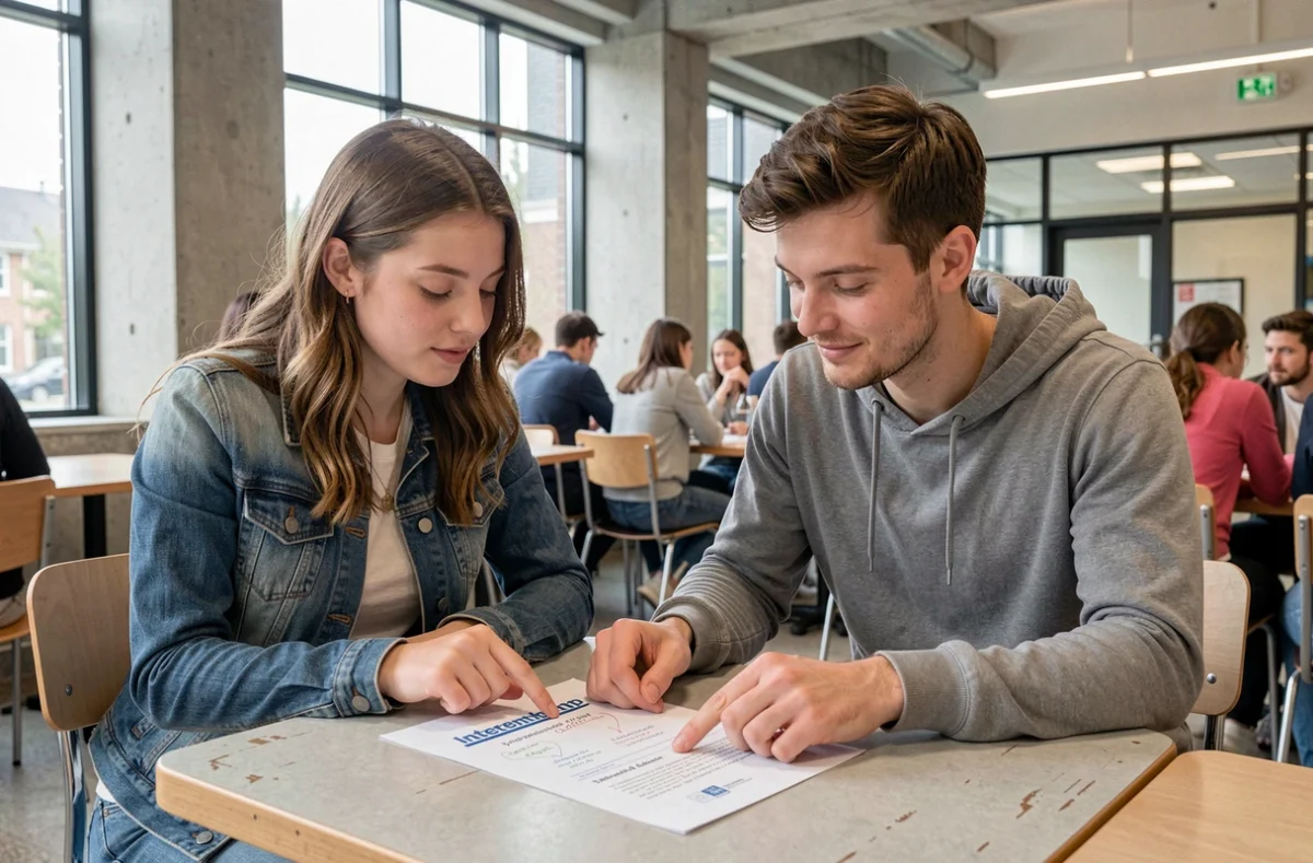 Deux étudiants révisant ensemble la page de garde d'un rapport de stage à la cafétéria du campus universitaire