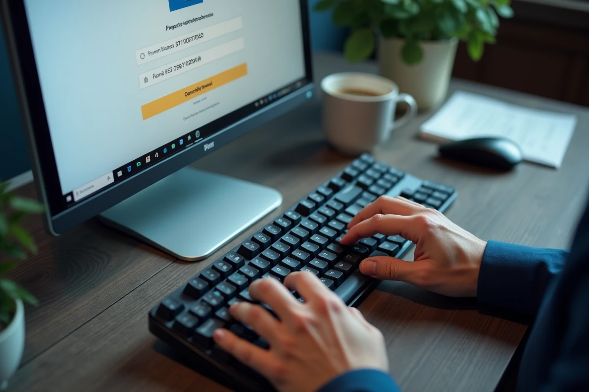 Gros plan sur des mains saisissant un mot de passe sécurisé pour accéder à un portail propriétaire en ligne