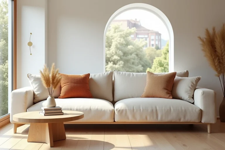Salon scandinave minimaliste avec canapé en lin crème, coussins boucle et table basse en chêne brut pour une décoration intérieure tendance 2024
