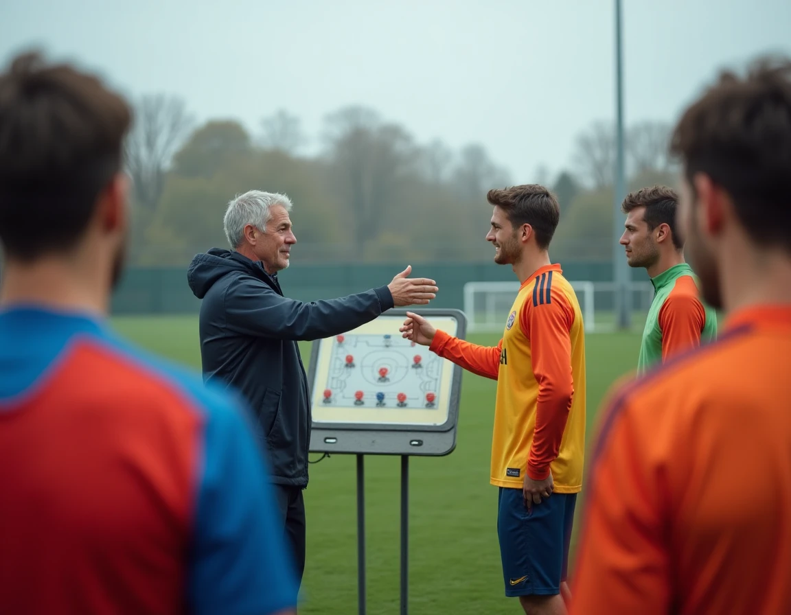 Séance d'entraînement de football avec un coach expliquant les stratégies à ses joueurs sur un terrain français