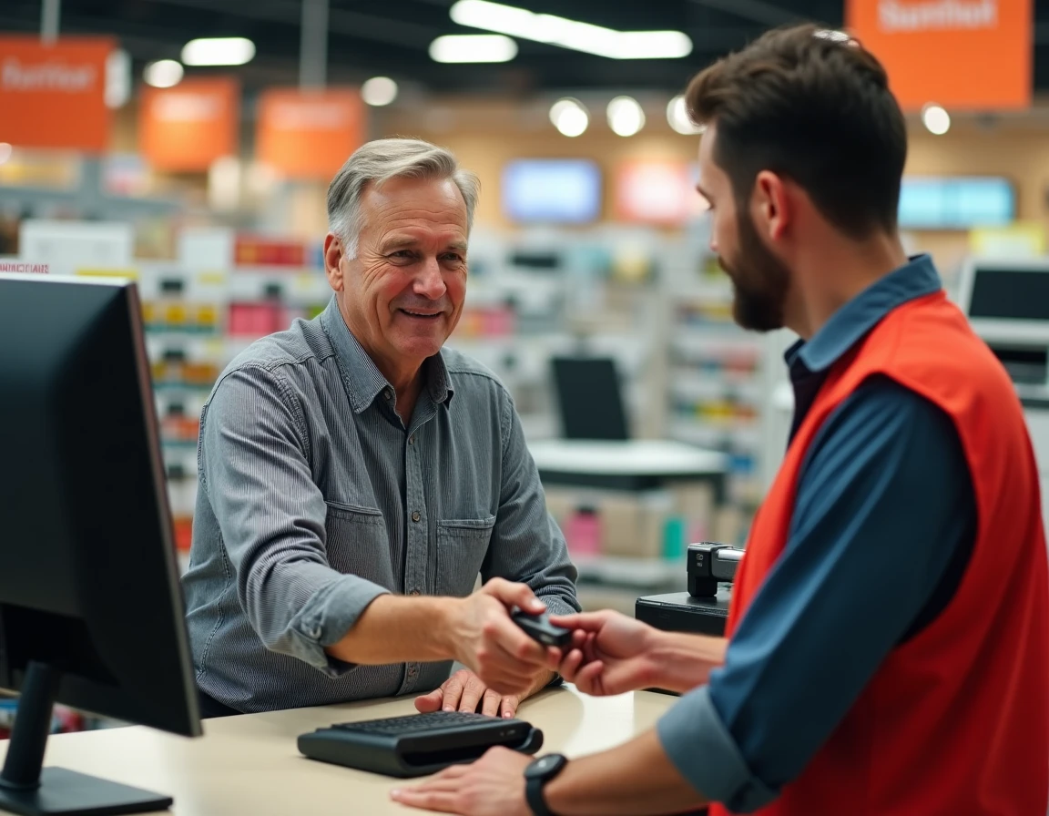 Client remettant une clé USB à un employé au comptoir d'impression d'un supermarché