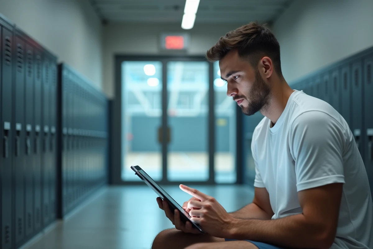Un jeune sportif consultant l'extranet FBI v2 de la FFBB sur une tablette dans un couloir de gymnase