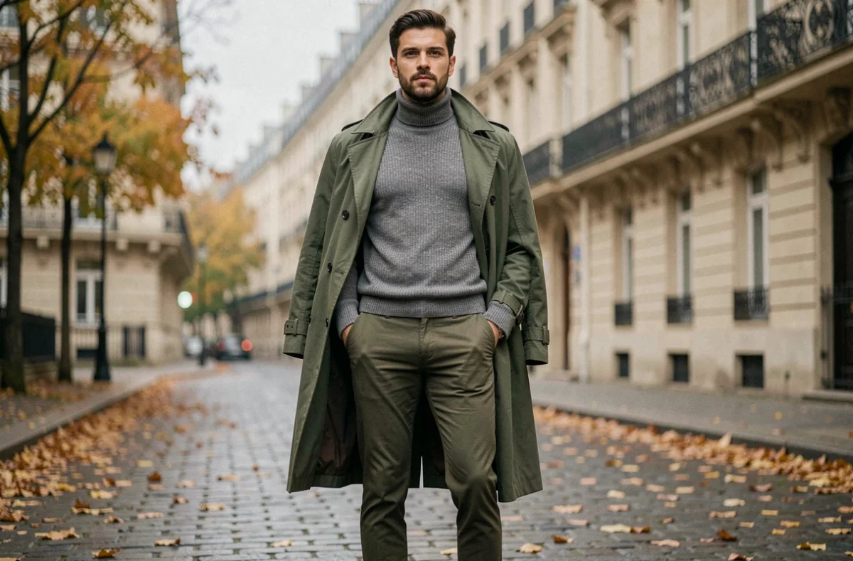 Homme stylé en manteau trench et turtleneck gris dans une rue pavée européenne en automne