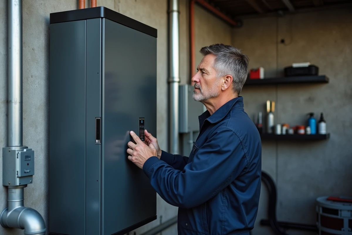 Technicien en travail sur une grande batterie résidentielle dans un local moderne