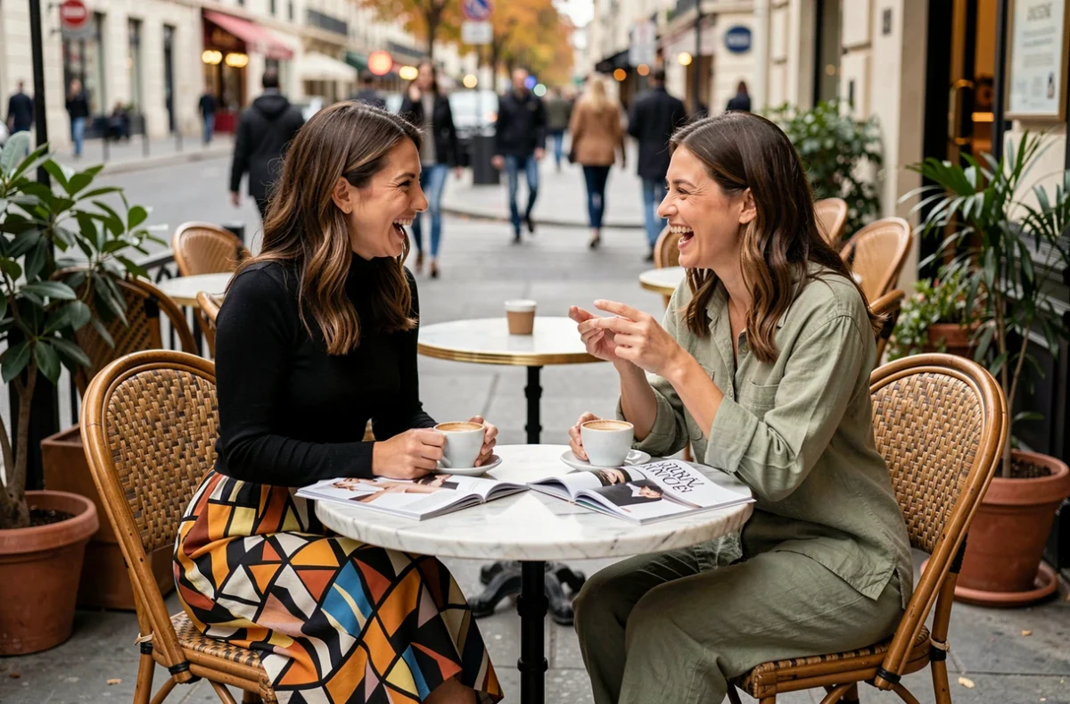 Deux femmes élégantes discutant des dernières tendances mode autour d'un café en terrasse parisienne