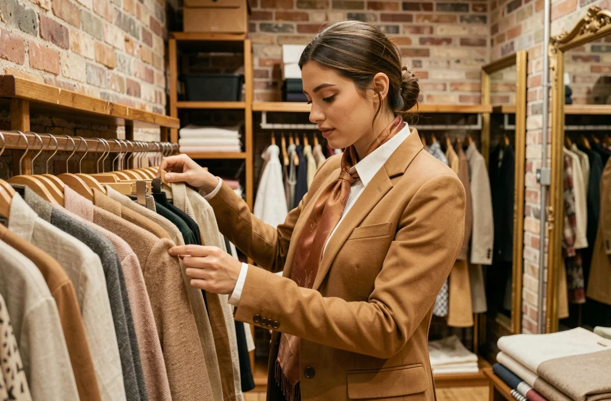 Jeune femme élégante explorant les tendances mode de la saison dans une boutique parisienne au décor raffiné