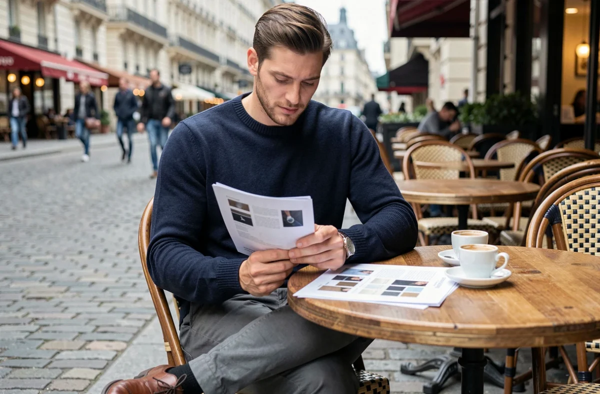 Homme en tenue smart casual assis en terrasse de café consultant un guide de style